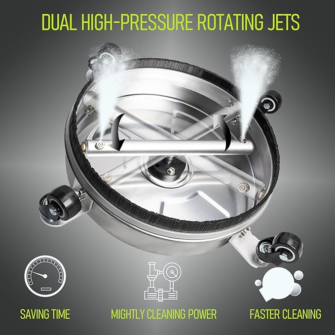 Hourleey 14" Pressure Washer Surface Cleaner, Stainless Steel Surface Cleaner with 4 Wheels for Concrete, Patio, Sidewalk, Deck, Pathway 1/4" Quick Connector, 2 Extension Wand, 4000 PSI