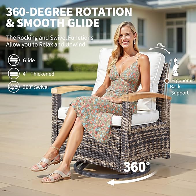 MEISSALIVVE 8 Pieces Patio Furniture Sets, PE Wicker Outdoor Conversation Sets with 2 Wood Armrests Swivel Rocker Chairs, 2 Ottomans, 2 Sofas and Coffee Table(Brown)