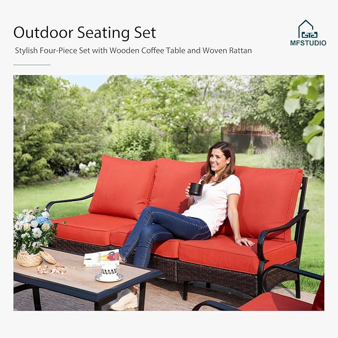 MFSTUDIO 4 Pieces Outdoor Patio Furniture Set, Metal Outdoor Conversation Set, Rattan Wicker Patio Sectional Set with 2 x Swivel Single Sofa, 3-Seat Sofa, 1 x Fire Pit Table, Red