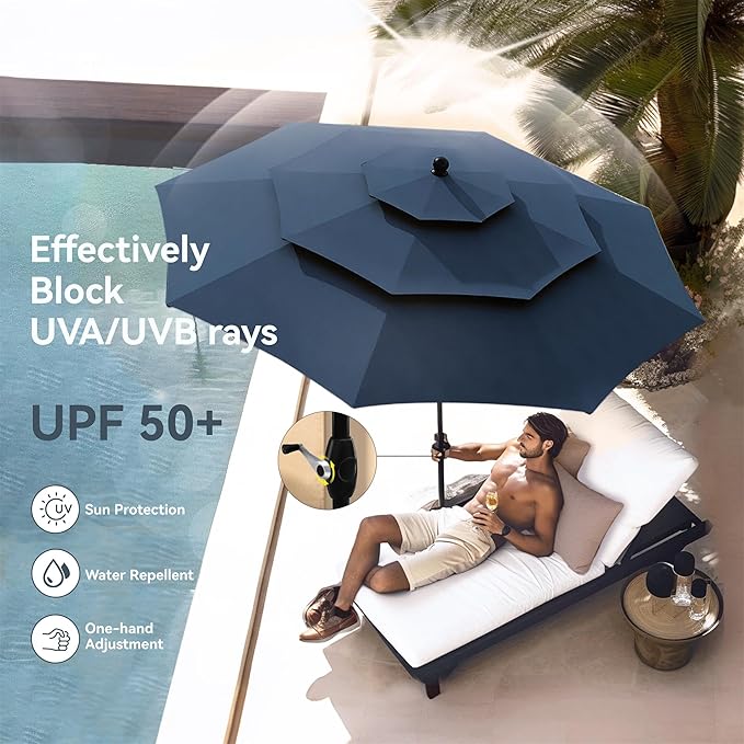 PHI VILLA Outdoor Dining Furniture Set with Umbrella, Patio Dining Set for 4 with Metal Outdoor Table and Chairs, Patio Table Set with Portable Folding Patio Chairs & Patio Umbrella, Blue