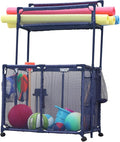Essentially Yours Pool Noodles Holder, Toys, Floats, Balls, Equipment Mesh Rolling Double Decker Storage Organizer Bin, Large with Noodle Holder, (35.3" W x 23" L x 59.4" H), Blue Style 561935