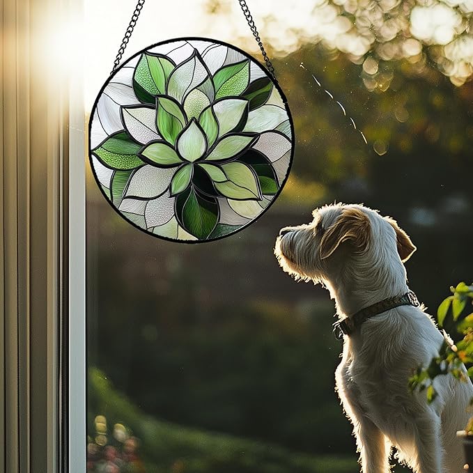 Stained Glass Window Hanging - Green Succulent Plants Suncatcher for Doors Garden Patio Floral Sun Catchers Decor Christmas Mother's Day Birthday Gifts for Women Men Mom Nana Friend 6.3 in