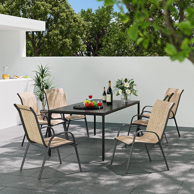 Patio Dining Chairs Set of 4, Stackable Dining Chairs High Back, Breathable Seat Fabric and Alloy Steel Frame Fit Backyard, Porch, Lawn，Poolside (Beige)