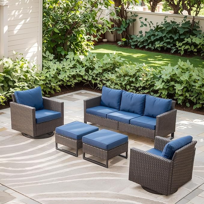 Rilyson Wicker Outdoor Patio Furniture Set - 5 Piece Patio Conversation Set with 2 Swivel Rocker Chairs,2 Rattan Ottoman and 1 Couch for Outside Porch Deck Backyard Garden(Brown/Blue)