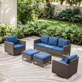 Rilyson Wicker Outdoor Patio Furniture Set - 5 Piece Patio Conversation Set with 2 Swivel Rocker Chairs,2 Rattan Ottoman and 1 Couch for Outside Porch Deck Backyard Garden(Brown/Blue)