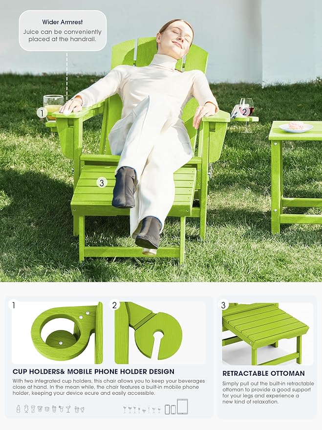 KINGYES Folding Adjustable Adirondack Chair with Ottoman Set of 4, Apple