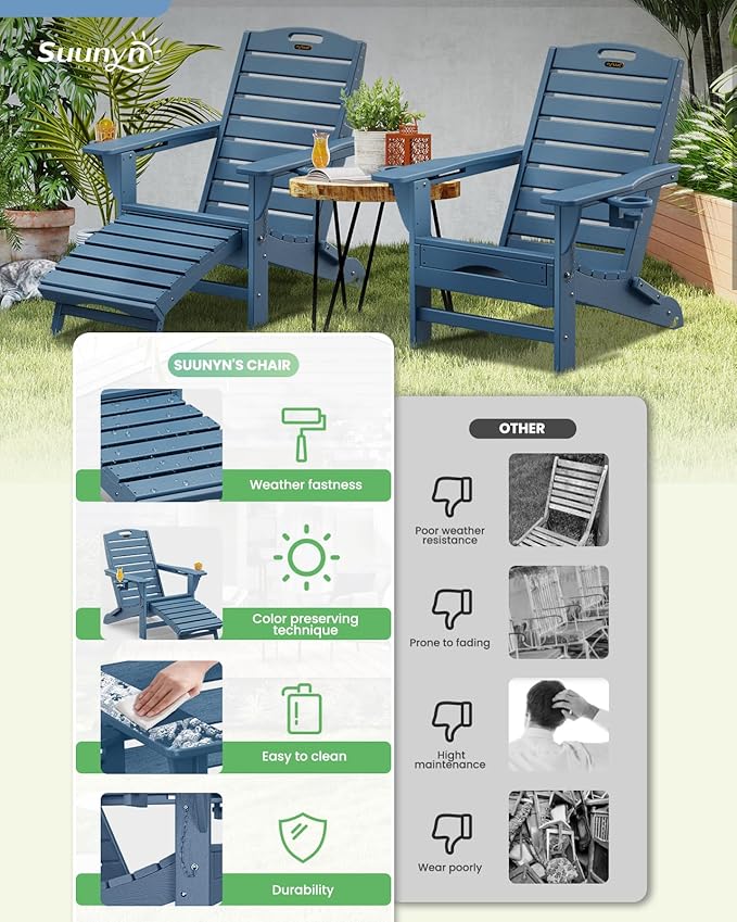 Folding Adirondack Chairs Set of 4,Adirondack Chair with Retractable Ottoman,Plastic Adirondack Chairs with 2 Cup Holder,Weather Resistant Patio Chair,Outdoor Chairs Set of 4(Navy Blue)