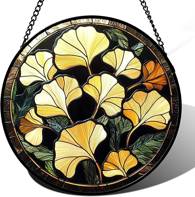 Stained Glass Window Hanging - Ginkgo Leaf Suncatcher for Doors Garden Patio Retro Fall Decor Sun Catchers Christmas Mother's Day Birthday Gifts for Women Men Mom Nana Friend 11.8 in