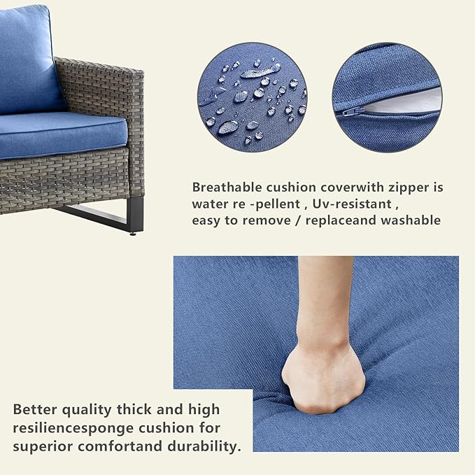 Rilyson Wicker Outdoor Patio Furniture Set - 5 Piece Patio Conversation Set with 2 Wicker Armrest Chairs,2 Rattan Ottoman and 1 Couch for Outside Porch Deck Backyard Garden(Mixed Grey/Blue)