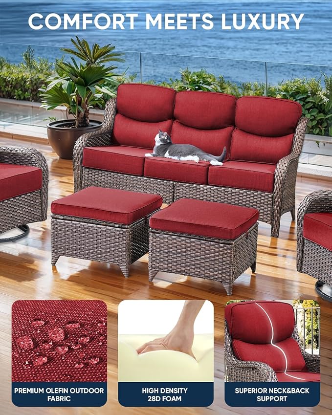 Luxury 22x24/22x25 6-Inch Smile Patio Cushions for Outdoor Furniture Set of 6 - Thick Back & Deep Seat Outside Chair Cushions for Rattan Metal Glider Loveseat Sectional Sofa - Red