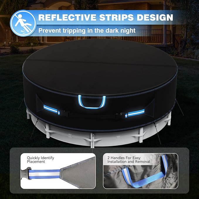 18 Ft Round Pool Cover with Reflective Strips, 420D Swimming Pool Cover for Above Ground Pools, Solar Cover with Drawstring and Ground Nails for Dustproof, UV Protected