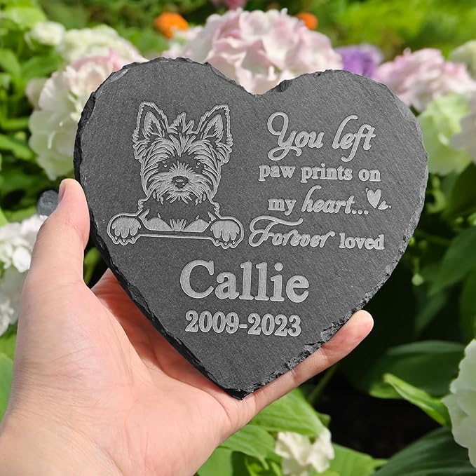 Yorkshire Terrier Memorial Stone, Heart-Shaped Pet Memorial Plaque, 9.8x9.8 Inches, Slate Stone, Forever Loved