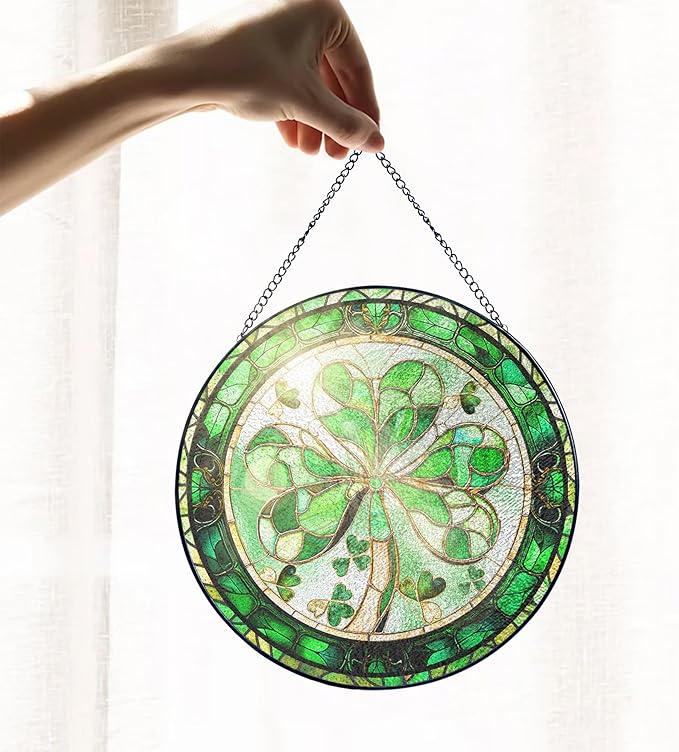 FLAGWIX Christmas Irish Gifts for Women Men - 100% Stained Glass Hanging Suncatcher 8 in - Birthday Christmas Irish Decorations for Family Friends, Shamrock Home Decor, St Patricks Day Decorations