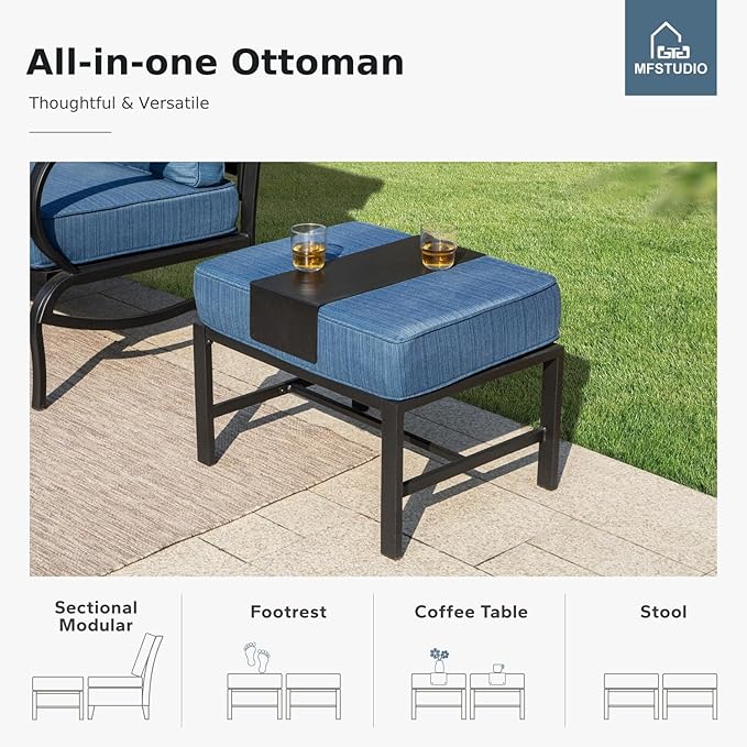 MFSTUDIO 8 Pieces Patio Furniture Sets with 45" Gas Fire Pit Table, Metal Outdoor Conversation Sofa Set with 1 x 3-Seat Sofa, 2 Single Chairs, 2 Rocking Chairs and 2 Ottoman, Peacock Blue Cushion