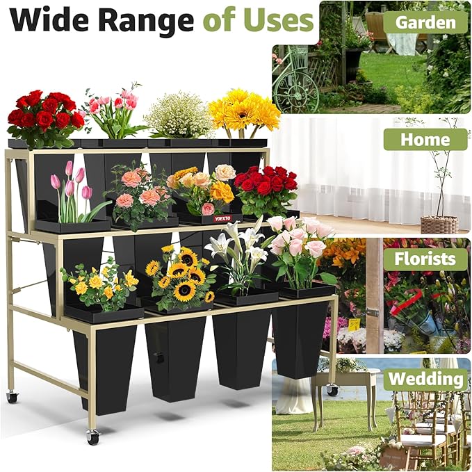 Flower Display Stand 3 Layers with 12 PCS Round Buckets, Plant Stand with Wheels, Movable Metal Plant Stand for Terrace Garden, Living Room, Florist Shop