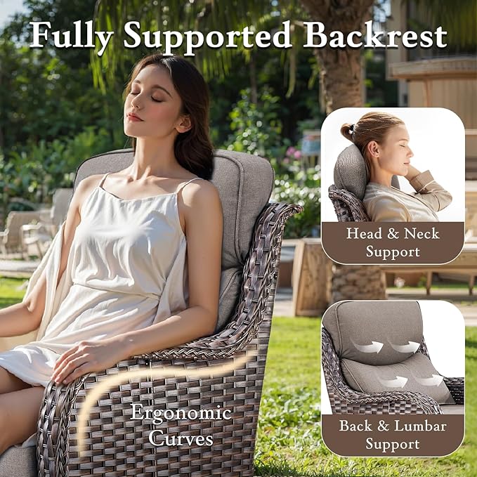Luxury High Back Outdoor Furniture with 6-inch Extra Thick Cushions, Patio Furniture Set with Swivel Chairs, 8 PCS Wicker Conversation Set for Yard, Deck, Poolside, Brown/Grey