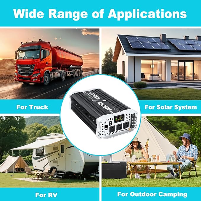 2000 watt Pure sine Wave Inverter, 12V DC to 110V AC Power Inverter, Used for Solar Emergency Power Supply in RV Homes, with 3 AC Output sockets, USB Port, Type-C Port, Remote Control with LCD Screen