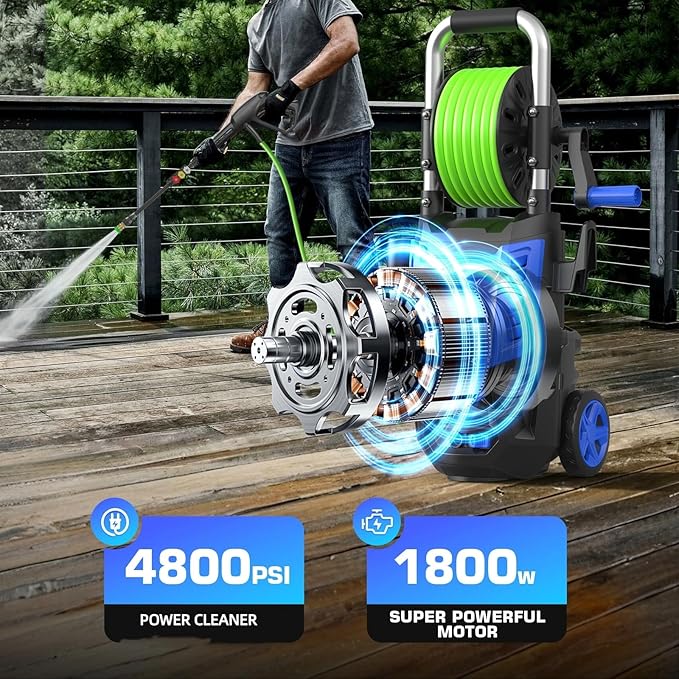 4800 PSI Pressure Cleaner- 4.0 GPM High Power Cleaner with 33FT Hose Reel M22-14mm, 4 Nozzles and Foam Cannon, for Home, Cars, Fences, Patio, 2025 Upgraded (Blue)