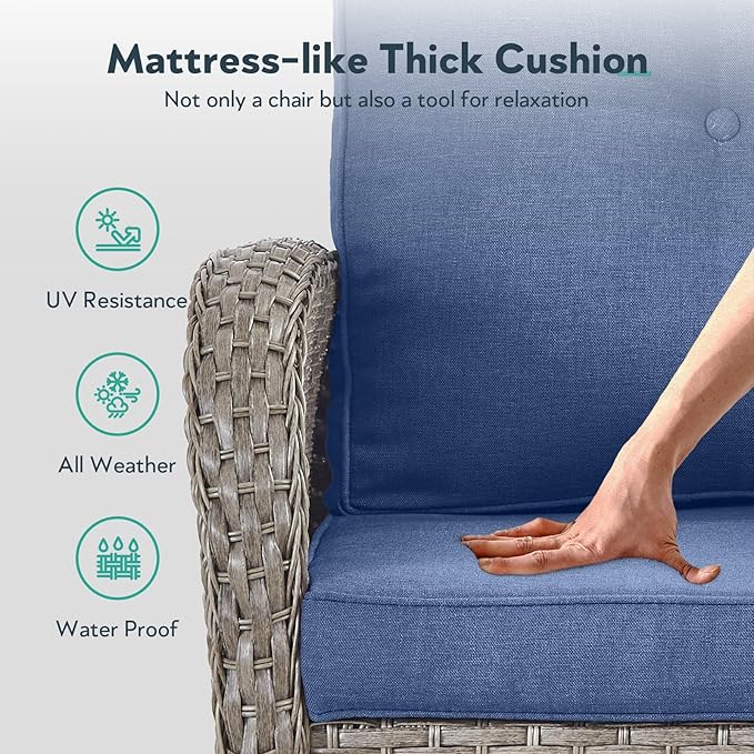 6 Piece Patio Furniture Set - Wicker Patio Conversation Set with Swivel Glider, Glider Loveseat, Tempered Glass Side Table and 2 Ottomans for Deck Backyard - Grey Wicker Blue Cushion