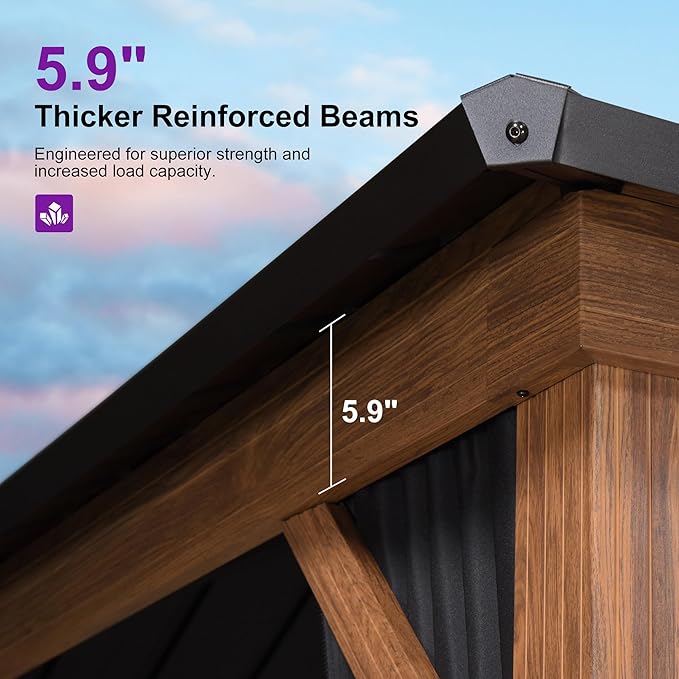 PURPLE LEAF 10' X 14' Hardtop Gazebo Outdoor Wood Grain Aluminum Frame Galvanized Steel Double Roof Gazebos with String Lights for Patio Deck Backyard Garden