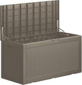 Multi-Functional 100 Gallon Patio Storage Bench - Waterproof Outdoor Deck Box & Storage Cabinet, Lockable Resin Chest for Pool/Garden Accessories, UV-Resistant, Weathered Grey
