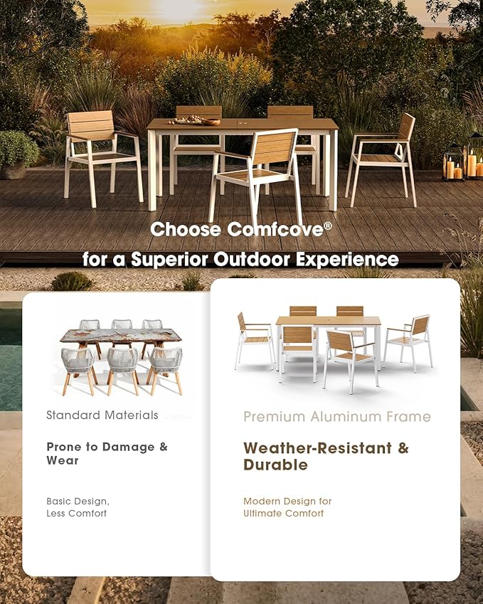 Outdoor Patio Dining Table, Aluminum & HDPE Outdoor Table with Umbrella Hole, All-Weather for Deck, Garden, Lawn, Backyard, Poolside and Indoor Use (White & Teak)
