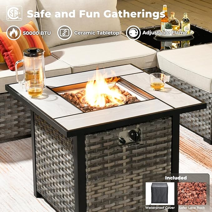 ovios 9 Pieces Patio Furniture Set, Outdoor Wicker Sectional Sofa with 30" Fire Pit Table Swivel Chair, Modern Modular Deep Seat Rattan Couch Conversation Sets, Beige
