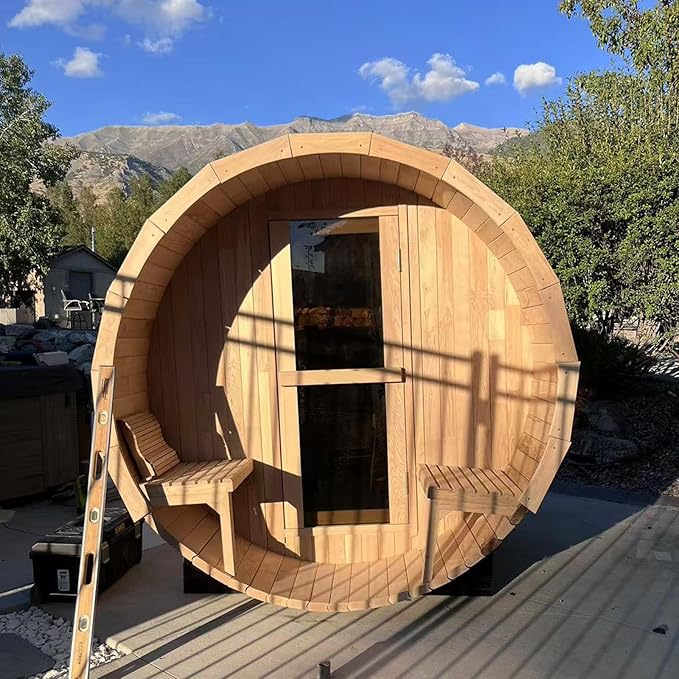 Outdoor Barrel Steam Sauna with Porch, Canadian Hemlock Wood Sauna 6 Person, 6KW Toule Heater, 220V, Waterproof System, Asphalt Shingles, Rugged Base(0-195℉)