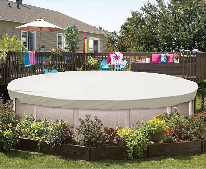 ECOOPTS 11 ft Waterproof Round Polyester Pool Cover for Above Ground Pools, Swimming Pool Cover Protector Winter Safety Cover (Beige)