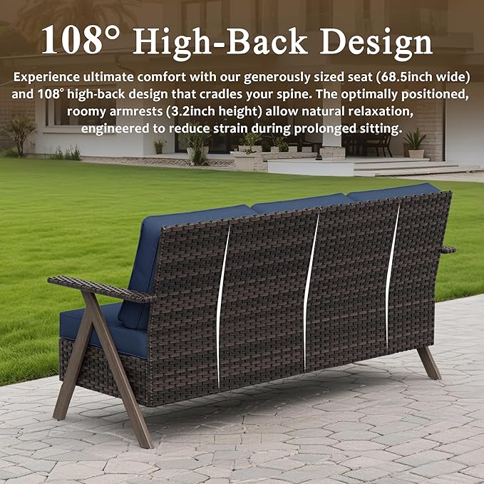 6 Piece Patio Furniture Set, Wicker Patio Conversation Set with Patio Chair and Outdoor 3-Seater Sofa and 2 Ottomans and Side Table for Deck Yard and Poolside