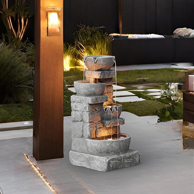Teamson Home 33.25 in. Cascading Bowls and Stacked Stones LED Outdoor Water Fountain for Gardens, Landscaping, Patios, Balconies, and Lawns for a Calming Oasis in Outdoor Living Spaces, Stone Gray