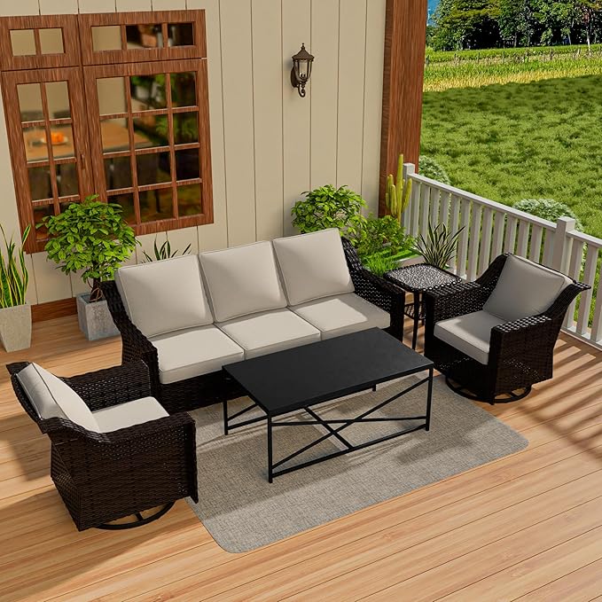 Vista Vibe 5 Pieces Outdoor Rattan Patio Conversation Furniture Set - 78" 3-Seat Sofa | 2 Swivel Glider Rocker Chairs | Wicker End Table | Metal Table, Upholstered Loveseat, Deck (Brown/Beige)
