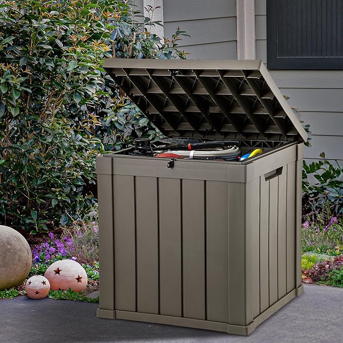 YITAHOME Deck Box, 51 Gallon Weatherproof Outdoor Storage Container for Patio Cushions, Pool Supplies, Garden Tools, Lockable Lid and Side Handles, Light Brown