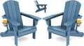 SERWALL Folding Adirondack Chair Set of 2, Adjustable Adirondack Chair with 3 Recline Positions, All Weather HDPE Outdoor Adirondack with Cup Holders, Blue