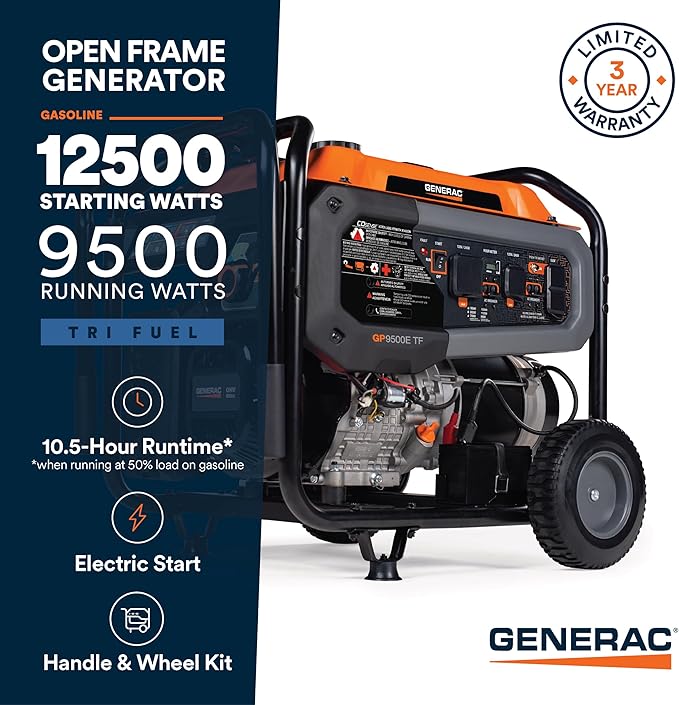 Generac 12,500 Starting Watt Tri-Fuel Portable Generator - Electric Start - Gas, Propane or Natural Gas - Home Backup, Jobsite, or RV - Quiet Operation - Long Runtime - 50-State Compliant