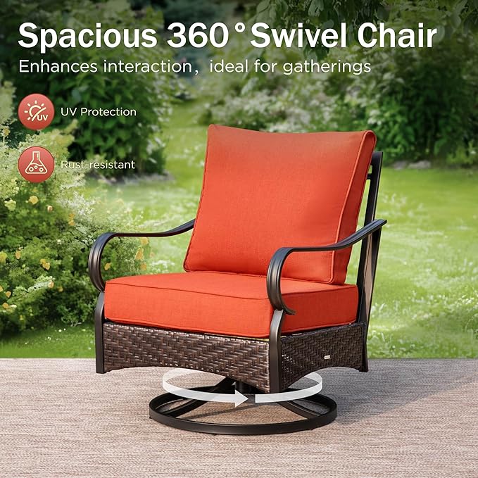 PHI VILLA Outdoor Porch Furniture Set, Upgraded Wicker&Metal Deep Seating Patio Furniture Conversation Set with Waterproof Thick Cushions for Balcony, Deck, and Yard (4 Pieces,Red)