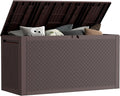 90 Gallon Outdoor Storage Box, Lockable Package Outside Storage Box Waterproof, Patio Cushions Deck Storage Boxes, Rattan Plastic Garden Hose Containers Resin Pool Storage Bins with lids, Brown