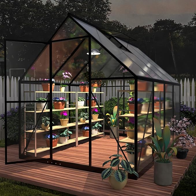 HOOYEAH 6 x 6 FT Polycarbonate Greenhouse for Outdoors, Heavy Duty Walk-in Greenhouses with Roof Air Vent, Aluminum Outdoor Green House Kit, Winter Garden House for Outside Backyard