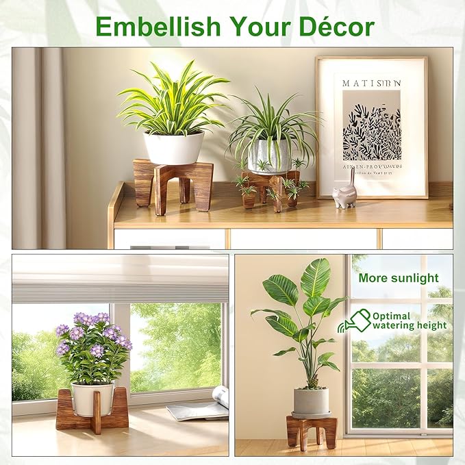 Plant Stands Indoor Outdoor, Plant Risers for Inside Pots Sturdy Short Plants Holder, Flower Pot Stand for Indoor Plants, Small Single Floor Plant Bamboo Display Stand (Natural 12“ (2 pack))