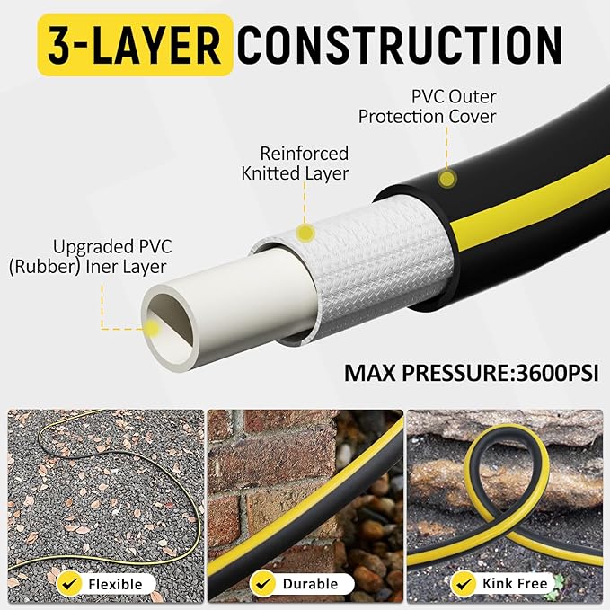 Power Washer Hose 40ft - 1/4" Non Kinking Flexible Pressure Washer Hose,3600psi M22-14mm High Pressure Hose Extension Replacement With Stainless Steel Quick Connect Fittings