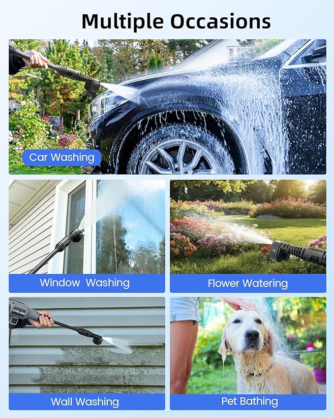 Cordless Pressure Washer 1080PSl Portable High Pressure for Car Wash Outdoor Cleaning, Handheld Power Washer with 6-in-1 Adjustable Nozzle, Foam Cannon for Fences/Driveways/Patios/Home (1X 4Ah)