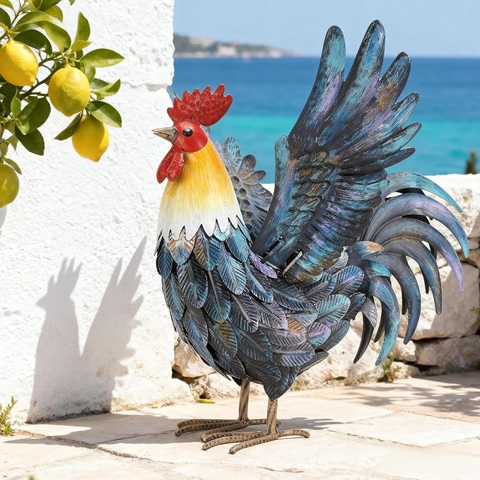 Metal Rooster Decor Garden Statue Yard Art Decoration Outdoor Chicken Kitchen Decor for Backyard Patio Kitchen Lawn for Women Mom
