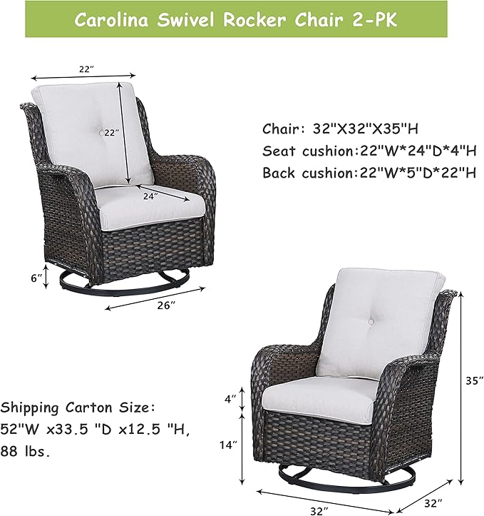 Outdoor Patio Swivel Rocker Chairs - Wicker Rattan Patio Swivel Rocking Chairs Set of 2 with High Back,Deep Seating and Comfort Cushions for Deck Porch Garden,Brown/Beige