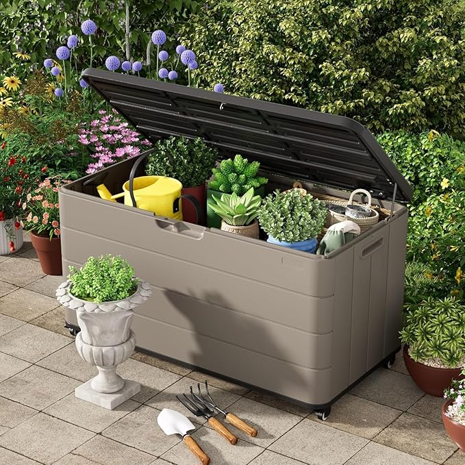 100GAL Brown Wicker-Textured Deck Box with Wheels – Lockable, Waterproof, UV-Resistant, Spacious Storage for Patio & Garden Supplies, Easy Handling