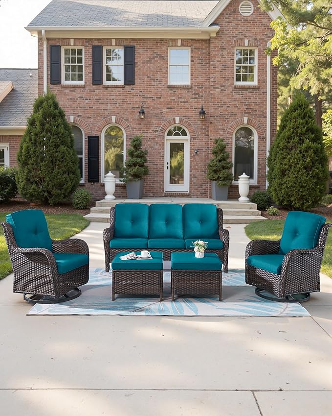Pop 22x25/22x24 Outdoor Seat Cushions - 1 Set High Back Deep Seat Patio Furniture Pillow for Wicker Dining Swivel Rocking Chairs Rattan Loveseat Couch Sectional Sofa - Peacock Blue/Button