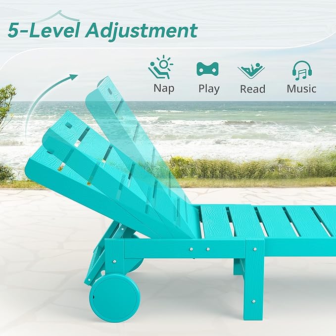 Outdoor Chaise Lounge Chairs with Table, 3-Piece, 26.8” Super Wide Lounge Chair Outdoor, HDPS Pool Chairs with 5 Positions, Patio Lounge Chair with Wheels for Pool,Lawn,Backyard, Aruba Blue