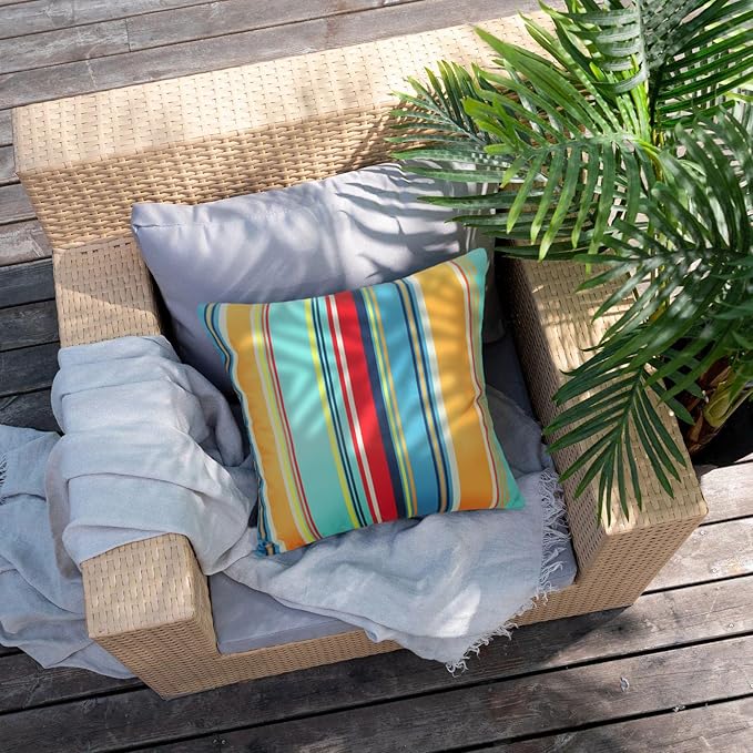 Pyonic Set of 2 Outdoor Throw Pillow Covers 16x16 Inch Blue Stripe Waterproof Modern Cushion Case Home Decor for Patio Couch Chair
