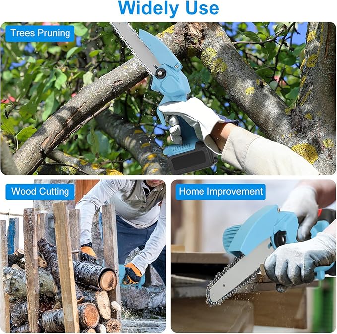Mini Chainsaw Cordless 8 Inch, Battery Powered Electric Chainsaw with Security Lock, Small Handheld Chain Saw for Tree Branches, Cordless Hand Saw for Wood Cutting, Blue