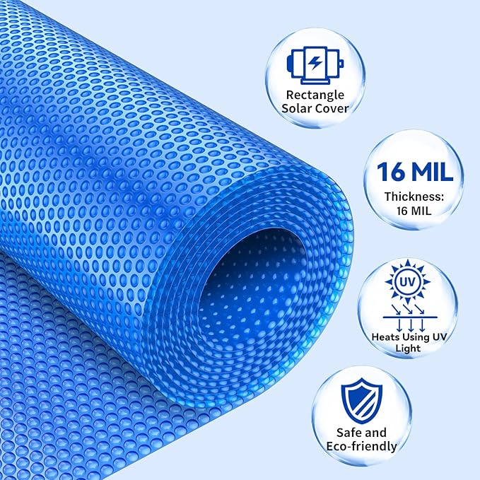 BigXwell Solar Pool Cover, Blue 16-mil 16 x 24 Foot Rectangle Above-Ground and In-Ground Pools, Heavy-Duty Insulating Pool Solar Cover, Heat Retaining Solar Blanket Cover for Swimmer