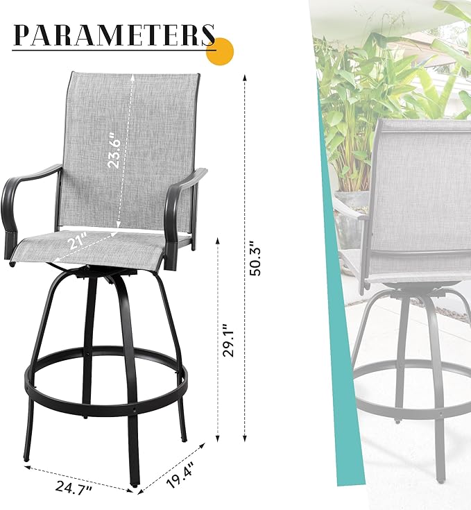 Vongrasig 2 Piece Patio Swivel Bar Chairs, All Weather Metal Textile High Swivel Bar Stools Chairs, Outdoor High Top Bistro Set for Backyard, Lawn Garden, Balcony, Light Grey